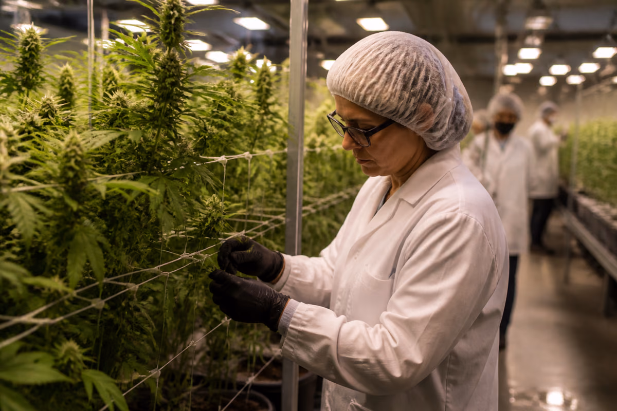 Angajată în halat alb și bonetă inspectând plante de canabis medicinal într-o seră industrială