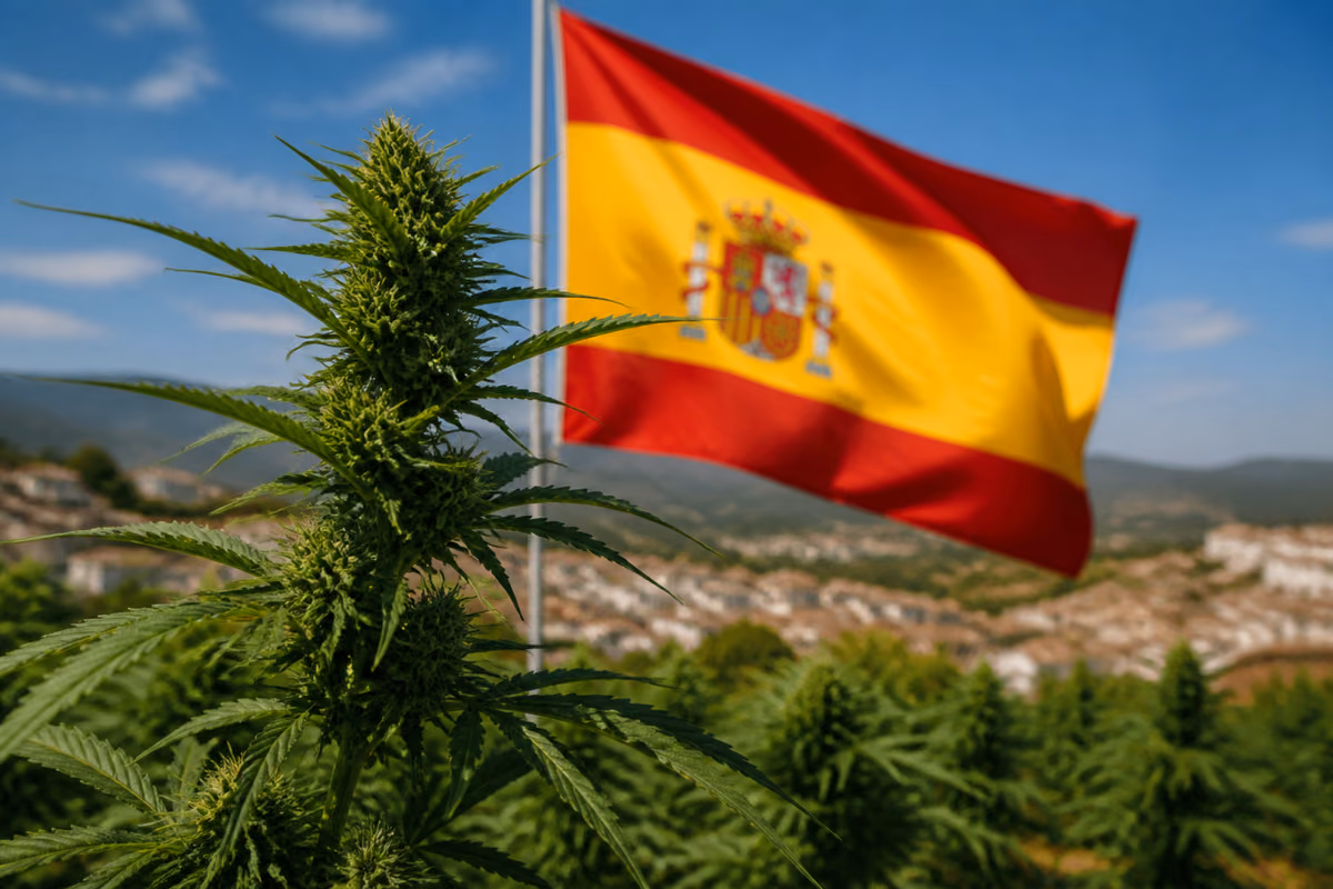 Plantă de canabis înflorită în fața unui steag al Spaniei fluturând și a unui sat alb pe dealuri