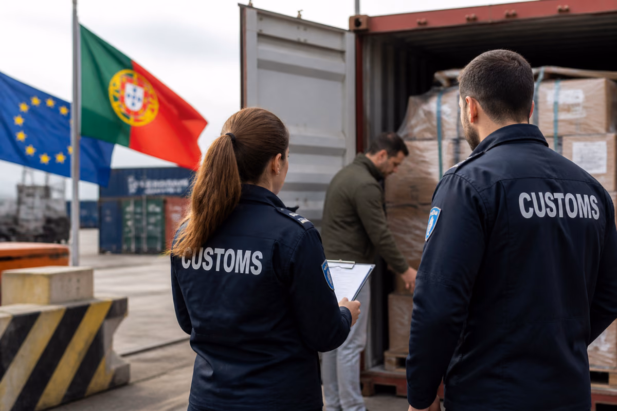 Vameși urmăresc un bărbat care verifică cutii într-un container în port, lângă steagurile Portugaliei și UE