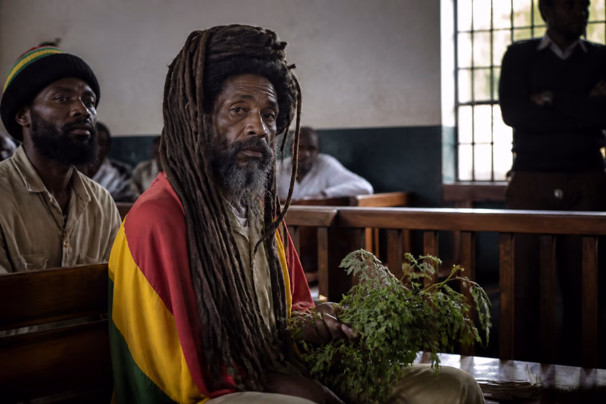 Bărbat în vârstă cu dreadlocks lungi, înfășurat într-un steag roșu, galben și verde, ține frunze verzi în tribunal