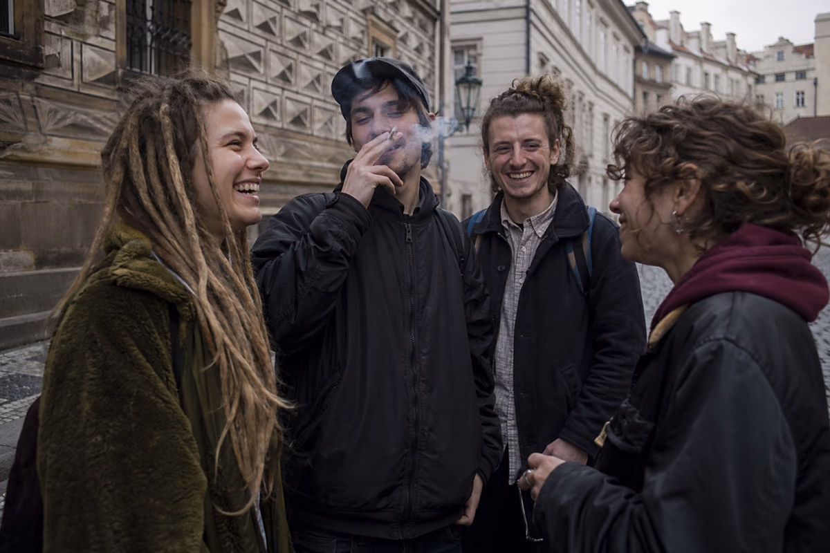 Patru tineri râd pe o stradă din Praga, unul dintre ei fumând o țigară