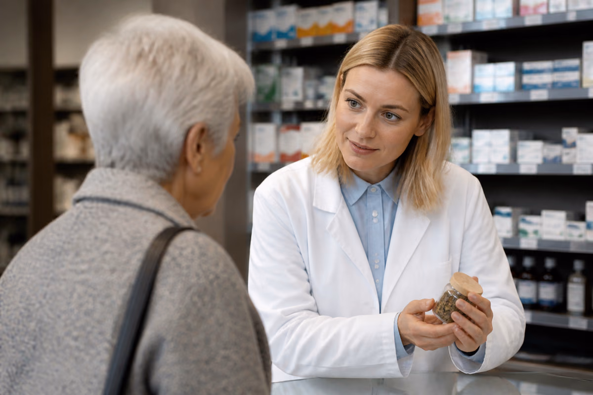 Farmacistă în halat alb îi arată unei femei în vârstă un borcan cu plante uscate la tejgheaua farmaciei
